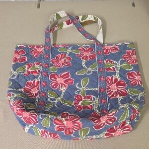Floral Quilted Tote Bag - Blue and Red Cotton